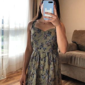 floral olive green dress with cross back straps